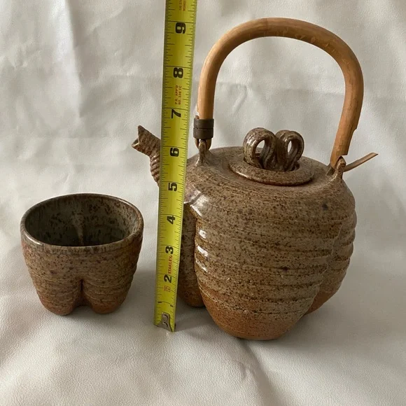 Mid Century 1970’s handmade stonewear Rustic Ceramic Teapot and Cup Set